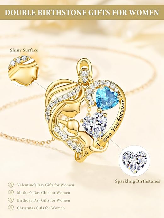 14K Gold Double Birthstone Heart Necklace for Women Mom, Mother Son/Daughter Pendant Necklace for Christmas Mother's Day Birthday Gifts for Wife Daughter Grandmom - Bloomnest