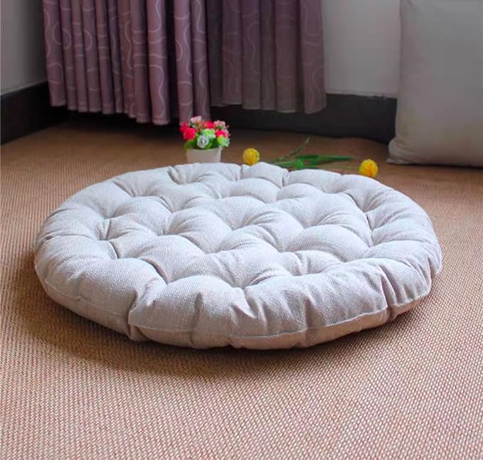 Large Linen Floor Cushions,Round Futon Pillows Japanese Style Tufted Floor Pillows Meditation Cushions for Seating On Pad for Yoga Sofa Balcony(Size:65x65cm(26x26inch),Color:Beige) - Bloomnest