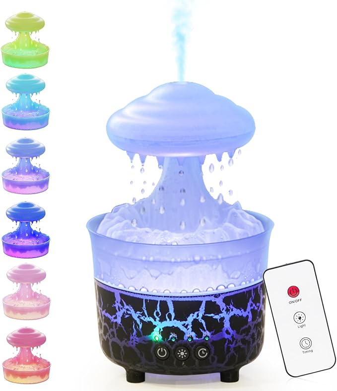 BOHOFAM Aroma Essential Oil Diffuser,Rain Cloud humidifier Simultaneously Water Drip and Air Mist,Rain Diffuser with 4 Hotel Collection Essential Oils for Home,Bedroom,Colorful Light(Black) - Bloomnest