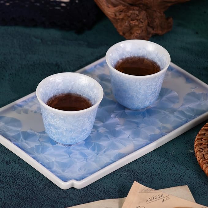 KAMMAK Tea Set Porcelain Tea Pot and Tea Cups Set,Ice Crystal Blue Asian Ceramic Tea Cups and Saucers Set, Chinese Gong Fu Tea Set (2 Cups +1 Pear-shaped Teapot + 1 Square Plate) - Bloomnest