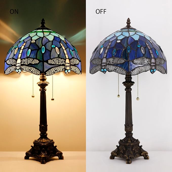 Tiffany Lamp Blue Dragonfly Style Stained Glass Table Lamp Desk Reading Light 12X12X21 Inches with Resin Base Decor Bedroom Living Room - Bloomnest