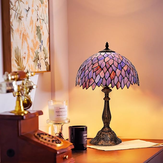 Tiffany Style Table Lamp Vintage Stained Glass Desk Lamp Deep Blue Purple Wisteria Bedside Reading Light Decor Bedroom Living Room Home Office D12 xH18 - Bloomnest