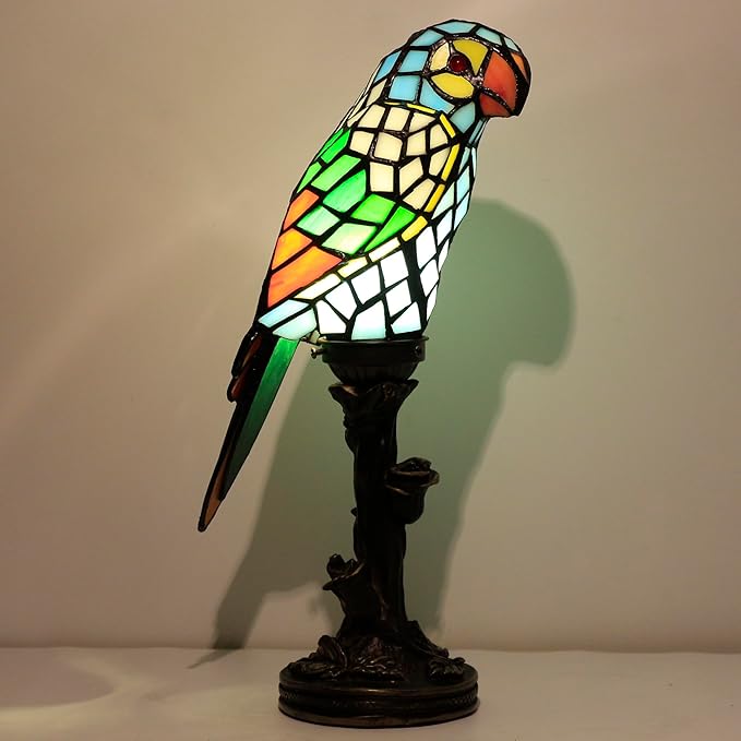 Small Tiffany Lamp Parrot Table Lamp Stained Glass Accent Lamp 15.3 Inch Tall Mini Desk Bedside Night Light for Kids Bedroom (Blue) - Bloomnest