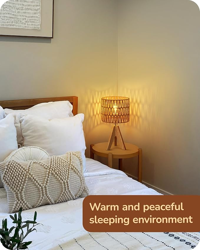 EDISHINE Small Table Lamp, Rattan Wood Tripod Bedside Lamp, Boho Nightstand Lamp for Living Room, End Table, Office, E26 Base, Natural Style - Bloomnest