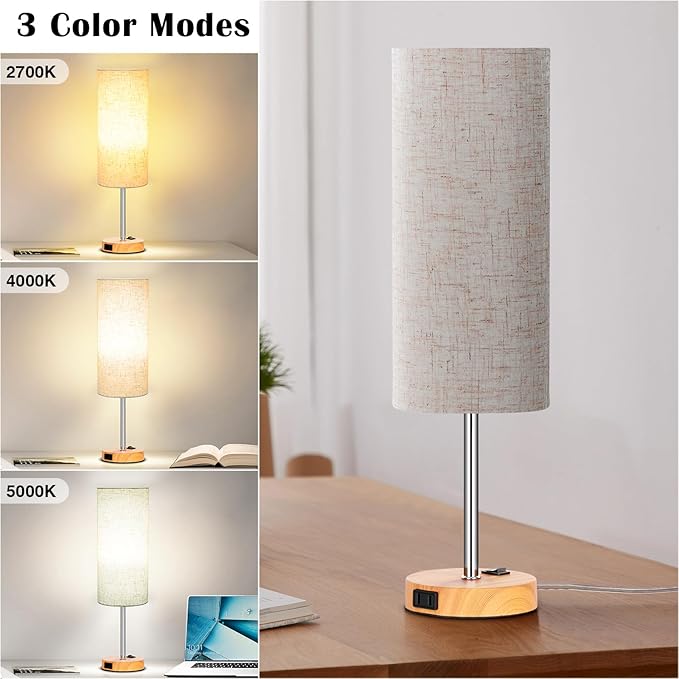 ZJOJO Table Lamp for Bedroom 2 Pack,18in Bedside Lamps with 3 Way Dimmable Rocker Switch & AC Outlet,Nightstand Desk Lamp with Flaxen Fabric Shade Woodgrain Base for Living Room Home Decor Lights - Bloomnest