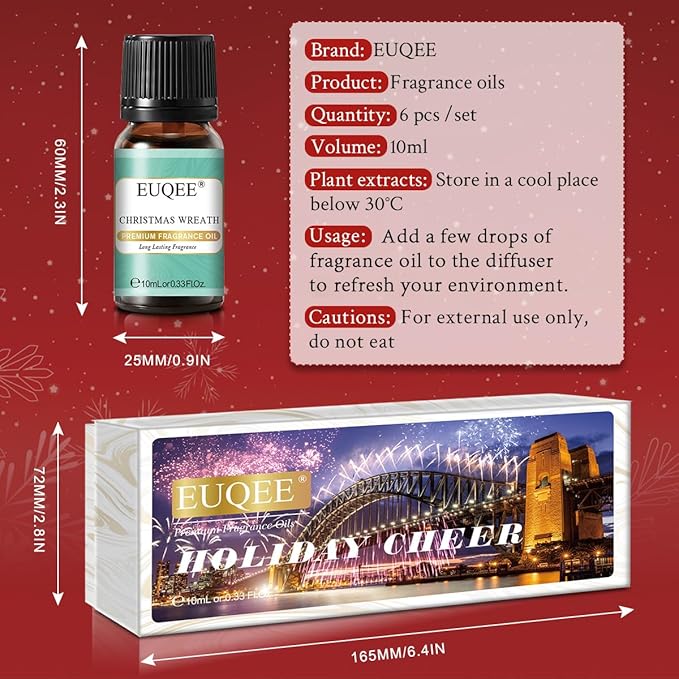 EUQEE Holiday Cheer Premium Fragrance Oils Set of 6 - Forest Pine, Christmas Wreath, Brown Sugar, Harvest Spice, Gingerbread, Pumpkin Pie - Scented Oils for Diffuser, Candle Making (10ml) EUQEE