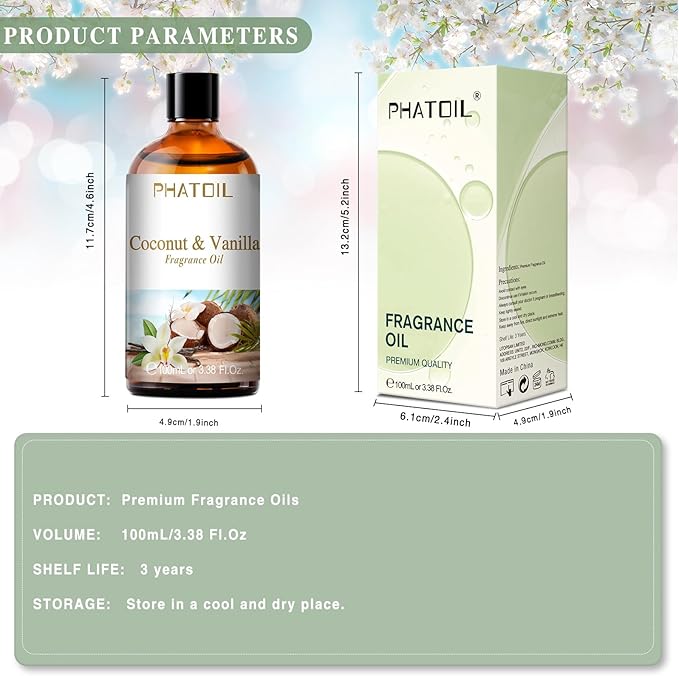 PHATOIL 3.38FL.OZ Coconut & Vanilla Fragrance Oils for Aromatherapy, Essential Oils for Diffusers for Home, Perfect for Diffuser, Yoga, DIY Candle and Soap Making - 100ml - Bloomnest