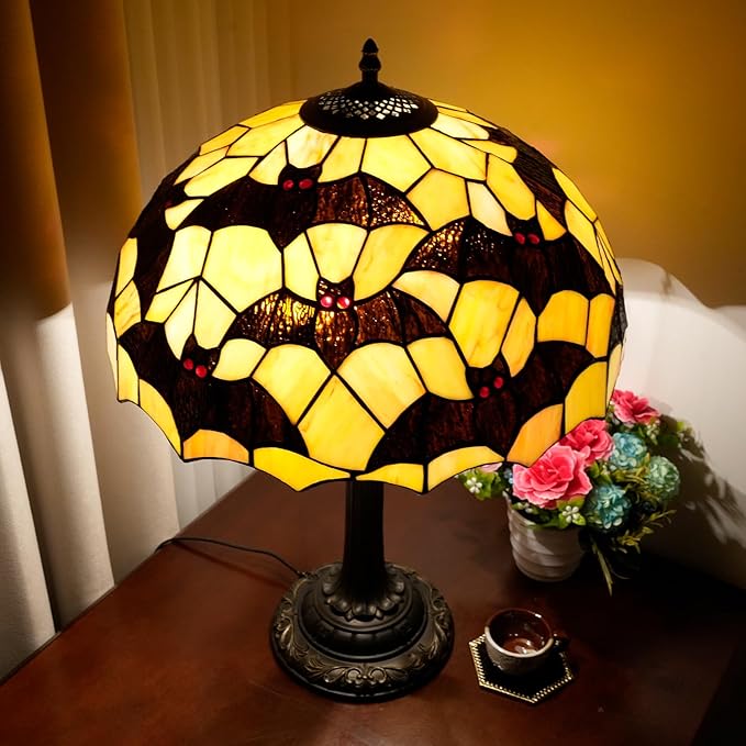 Tiffany Table Lamp Black Bat Design Stained Glass Lamp 16 inch Handmade Large Desk Light Antique Beside Reading Lamp for Home Living Room Bedroom Office - Bloomnest