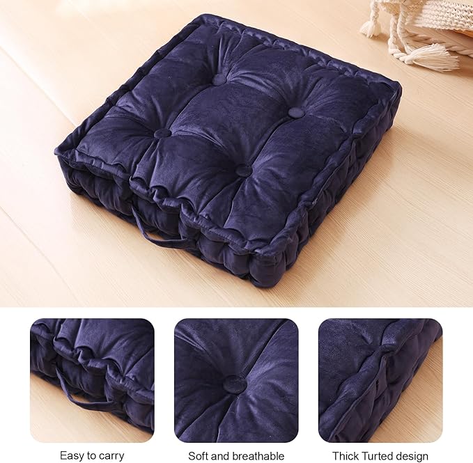 Square Floor Pillows, Large Floor Cushion for Adults Kids, Meditation Floor Pillow Seating Cushion with Shredded Memory Foam and Silk Wadding, 20"x20"x5" Navy - Bloomnest