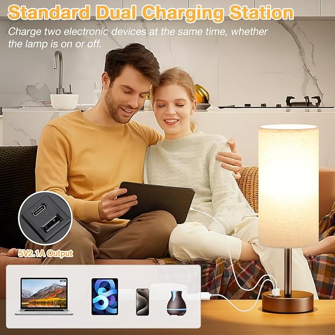 Dicoool Beige Touch Table Lamp for Bedroom - 3 Way Dimmable Bedside Lamp with USB, Nightstand Lamp with Brown Charging Station for Desk, Dorm, Office - Bloomnest