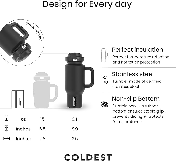 Coldest Tumbler with Handle & Coffee Lid - 100% Spill Proof Tumbler (3 Lids) - Stainless Steel Insulated Leakproof Tumblers for Women & Men - Cup Holder Friendly - 24 oz (Bats and Cats) - Bloomnest
