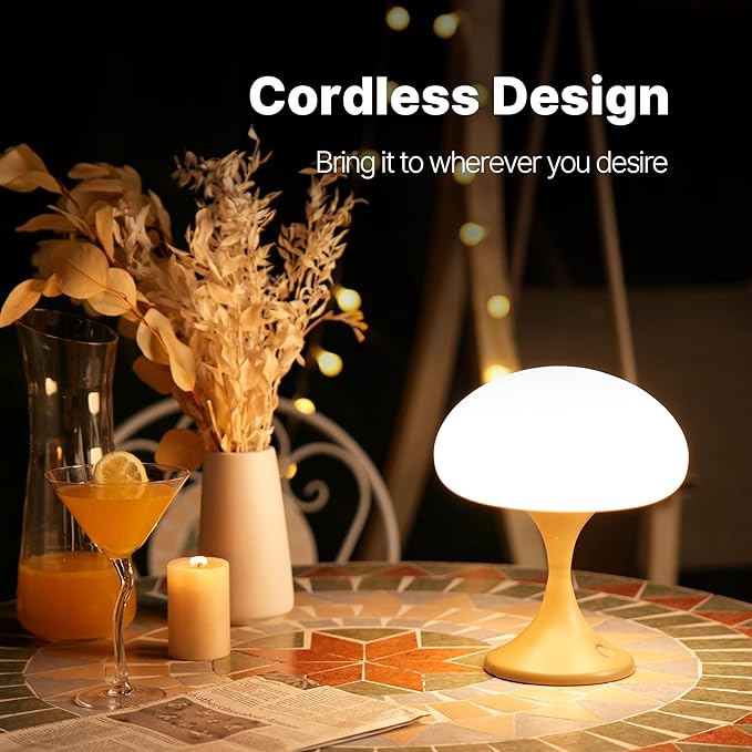 Mushroom Lamp, 5W LED Cordless Rechargeable Table Lamp with Glass Shade, Small Retro Dimmable Touch Light with 3 Color Temps, Aesthetic Mid Century Bedside Light for Bedroom Ambient, Mustard - Bloomnest
