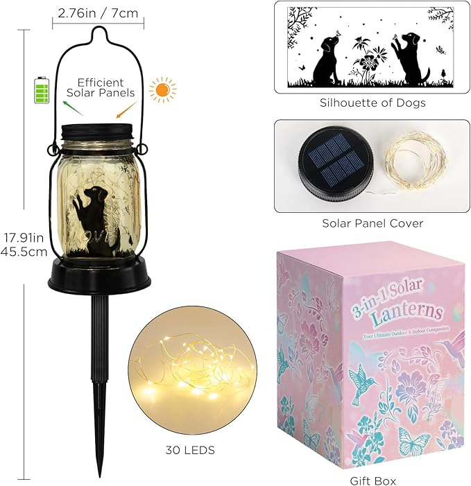 kyoryuger Dog Solar Lanterns 3in1 Dog Light Garden Decor Gifts for Women Mom Grandma Unique Teen Girl Gifts for Dog Lovers Decorative Pet Memory Lanterns for Yard Lawn Patio 2 Pack - Bloomnest