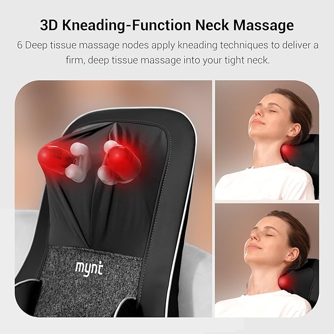 Mynt 2D & 3D Shiatsu Neck and Back Massager for Chair with 10 Deep Kneading Nodes, Back Massage with Heat, Portable Spot Massage Chair Pad (Black) - Bloomnest
