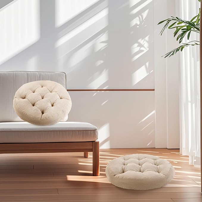 Meditation Floor Pillow, 2 Pack Round Floor Cushions for Adults, Button Tufted Seat Cushions for Yoga Tatami Living Room, Beige, 22 x 22 x 4 in
