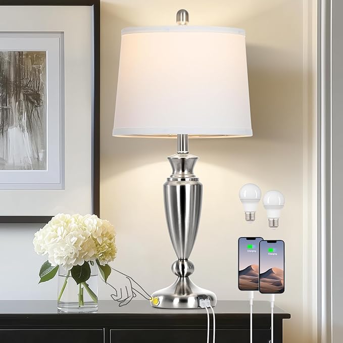 27" Silver Table Lamps for Living Room Single, 3 Way Touch Control Bedside Lamps with USB A+C Ports, Modern Brushed Nickel Bedroom Lamp, Metal Tall Lamp for Nightstand Desk Side Table Office - Bloomnest