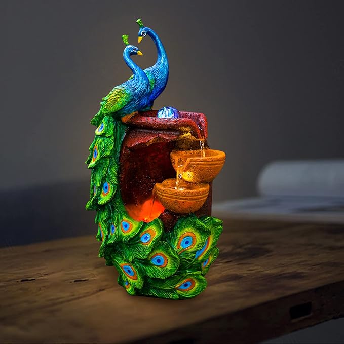 Art Decorative Animal Statue Bonsai Waterfall Fountain Humidifier with LED Lights, 21Inch Water Fountains for Home Living Room Bedroom Office Decor