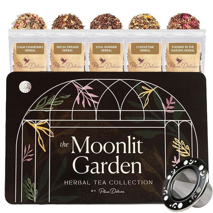 Moonlit Garden Collection Assorted Herbal Tea Gift Set - Hand-Crafted Loose Leaf Teas, Presentation Gift Box with Loose Leaf Steeper Included, Sleepytime Tea - 5 Unique and Flavorful Teas, 75+ Cups - Bloomnest