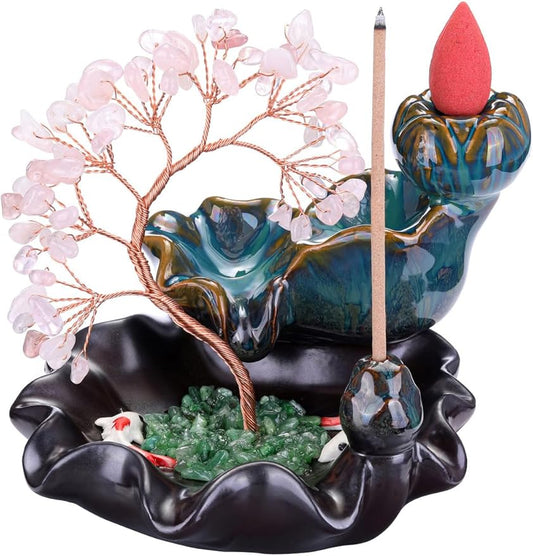 Jovivi Backflow Incense Burner Ceramic Incense Waterfall, Natural Rose Quartz Healing Crystal Money Tree Incense Holder for Wealth, Good Luck, Yoga Meditation, Home Decor - Bloomnest