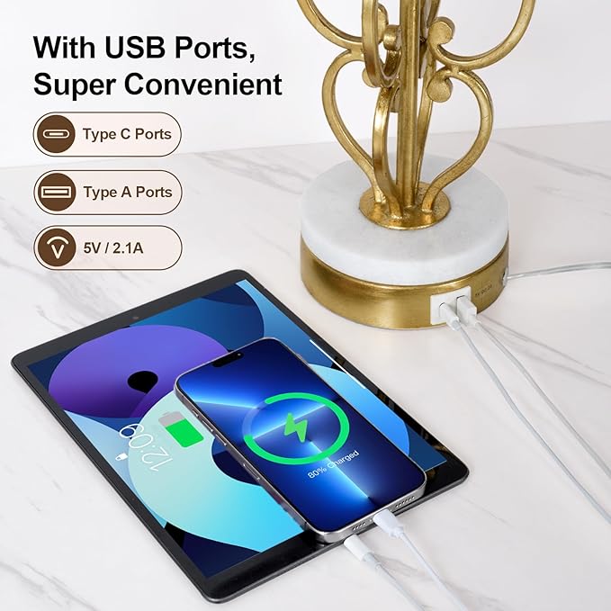 Scenekoy Table Lamp Set of 2 with USB Ports, Pull Chains Switch, 28” Gold Leaf Curved Iron Art Bedside Lamps with Linen Shade for Living Room Bedroom, Nightstand Lamps for Home Room Decor - Bloomnest