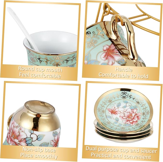 Zhehao 20 Pcs Porcelain Tea Set with Metal Holder and Spoon Adult Ceramic Tea Set European Flower Painting Teapot Cup Saucer Spoon for Women, Large Version(Fresh Style) - Bloomnest