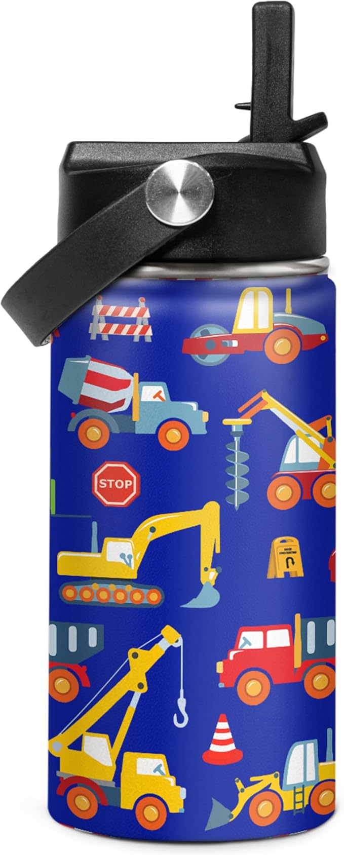 Kids Water Bottle with Straw Construction Insulated Water Bottles 12oz Stainless Steel Travel School Tumbler Double Wall Vacuum Cup for Boys Kid - Bloomnest