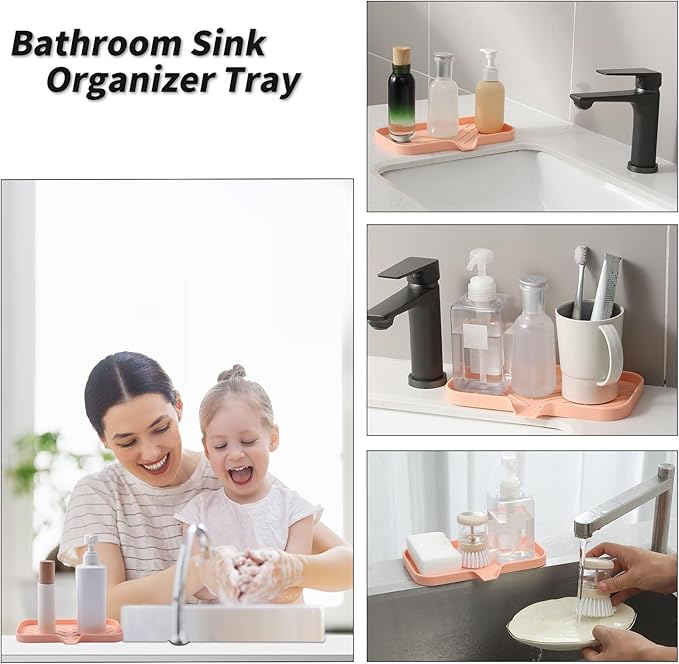 Silicone Bathroom Soap Dishes with Drain Spout-Bathroom and Kitchen Sink Organizer,Sponge Holder,Dish Soap Tray,Perfect for Dispenser,Scrubber,Bottle,Cup on Sink or Counter-Pink 9.6"×5.3" - Bloomnest