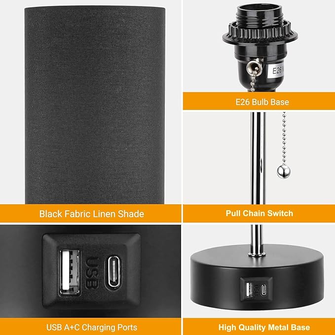 3-Color Temperature Bedside Lamp Nightstand Lamp with USB A Port and C Port, Table Lamp for Bedroom with LED Bulb Small Lamps for Living Room (Black) - Bloomnest