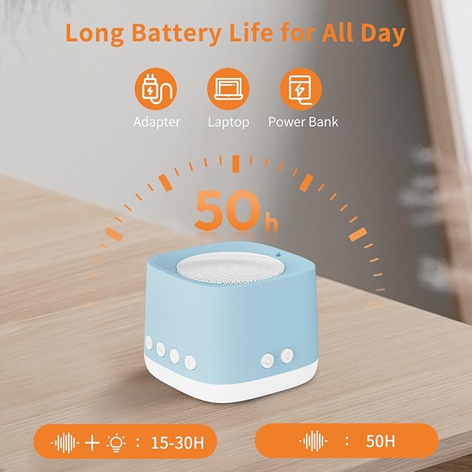 Portable White Noise Machine,Mini Sound Machine for Travel with Breathing Night Light,16 Soothing Sounds,Timer,Rechargeable Brown Noise Machines for Sleeping Adults Gift,Office Privacy,Home (Blue) - Bloomnest