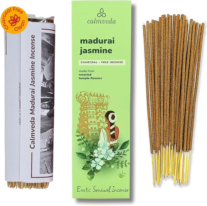 Madurai Jasmine Incense Sticks Exotic - Sensual Aroma (80 Sticks) Charcoal Free Incense, Made from Upcycled Flowers | Rich Decadent from Green, Fruity Yet Creamy Floral | Kama or Love Incense Sticks