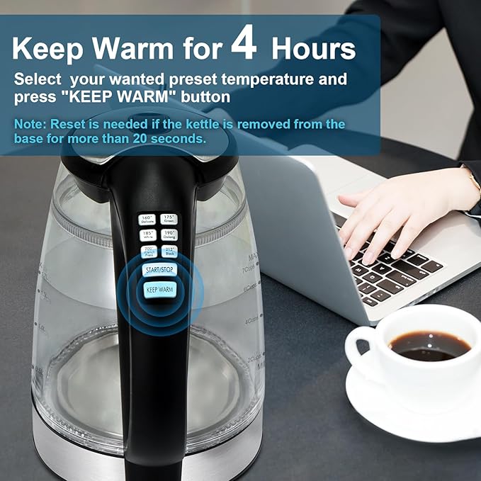 1500W Electric Kettle with Temperature Control - 6-Temp Presets for Tea/Coffee, Double Wall Cool-Touch, 4H Keep Warm, 1.7L Borosilicate Glass & BPA-Free, Fast Boil for Home/Office - Bloomnest
