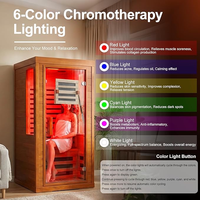 Low EMF Full Spectrum Infrared Sauna with FDA-Certified Red Light Therapy, Fast Heat-Up 1170W 110V, 1-Person Carbon Fiber Dry Sauna, Canadian Hemlock for Home Bloomnest