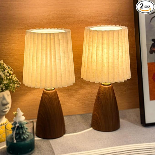 Small Pleated Table Lamp Set of 2 for Bedroom, Mini Bedside Lamps for Nightstand with Round Fabric Linen Shade, Dimmable Desk Lamp, Cute Table Lamps for Small Spaces for Living Room, Kids Room - Bloomnest