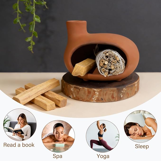 Handmade Terracotta Orange-red Palo Santo Holder - Mini Chiminea Incense Burner Chimney for Palo Santo Sticks, Sage & Cones - Smudge Bowl for Energy Cleansing,Meditation & Aromatherapy Gifts