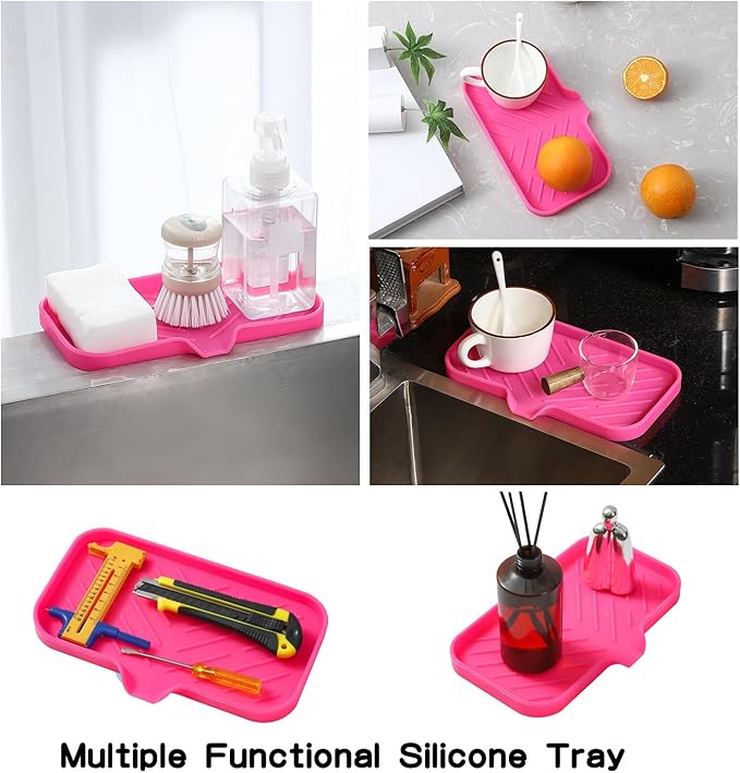 Silicone Bathroom Soap Dishes with Drain Spout-Bathroom and Kitchen Sink Organizer,Sponge Holder,Dish Soap Tray,Perfect for Dispenser,Scrubber,Bottle,Cup on Sink or Counter-Rose 9.6"×5.3" - Bloomnest