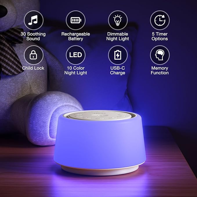 White Noise Sound Machine | Sound Machine for Baby Rechargeable | 30 Soothing Sounds | 10 Colors Night Light | White Noise Machine for Sleep Baby Adults Portable Sound Machine for Home Travel - Bloomnest
