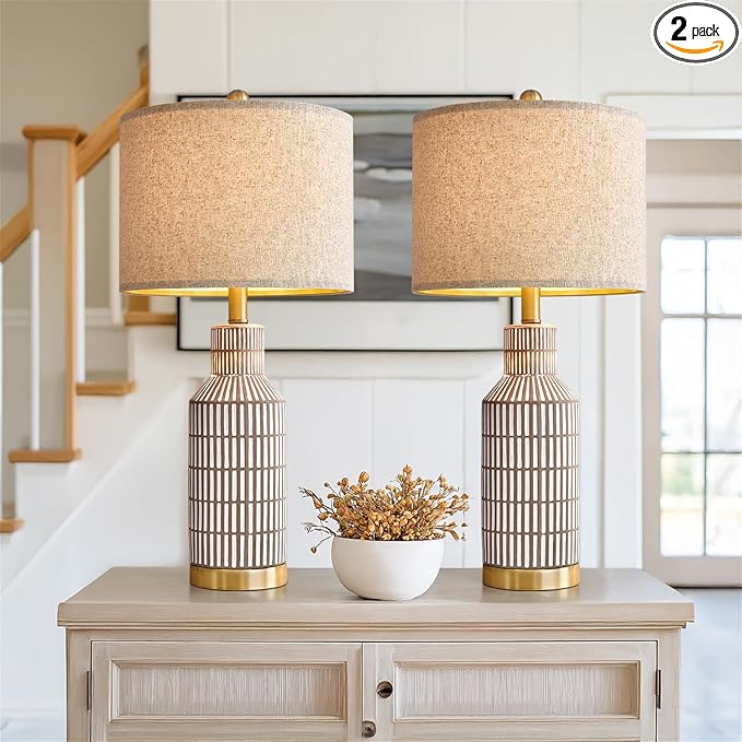 25" Table Lamps Set of 2, Modern Ceramic Bedside Lamps - Farmhouse Brown Nightstand Lamps for Bedroom, Boho Living Room End Table & Office Desk Decor - Bloomnest