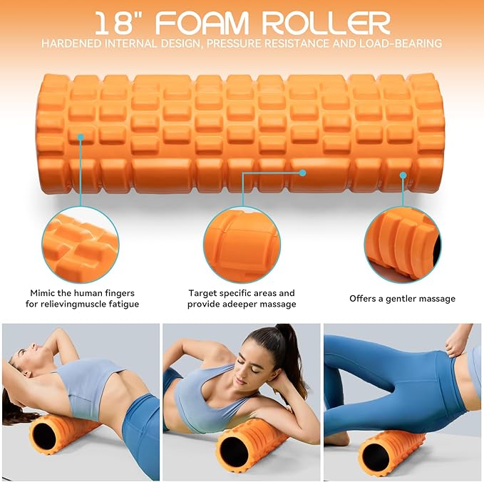 Foam Roller High Density Foam Roller Set for Deep Tissue Muscle Massage, 18" Trigger Point Fitness Exercise Massage Roller Self-Myofascial Release for Whole Body (Orange) - Bloomnest