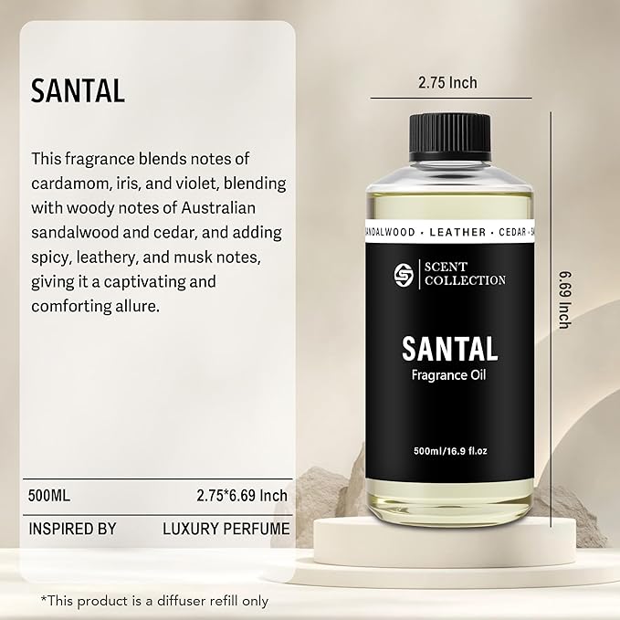 Luxury Hotel Scent Santal Diffuser Oil Waterless Essential Aromatherapy for Cold Air & Car Diffusers – Long Lasting Refill for Large Room & Home - Signature Sandalwood (500ml/16.9Fl oz) - Bloomnest