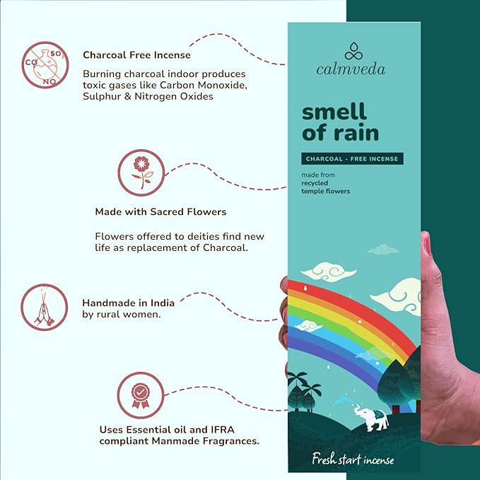 Fresh Rain Incense Sticks - (80 Scent Sticks) Charcoal Free, Made from Upcycled Flowers | Like Petrichor Aroma of Rain Soaked Earth | Relaxing Scents for Meditation Incense CalmvedaIncenseAromatherapy