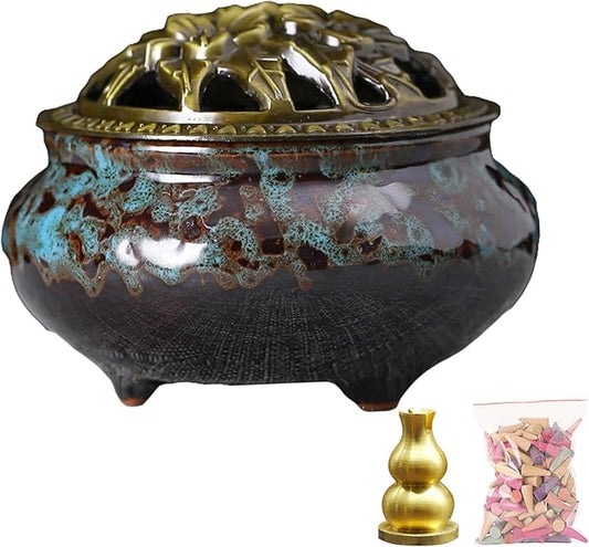 Ceramic Incense Burner with Lid, Bowl Burner， Cone Incense Burner, Ceramic Censer Suitable for Incense/Cone/Coil/Sticks, There are 30 Incense Cones+ Metal Incense Holder+Fireproof Cotton Inside. - Bloomnest