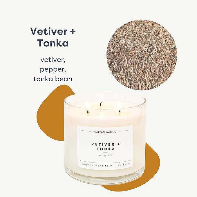 Calyan Wax Co. Vetiver & Tonka 3 Wick Scented Candle - 43 Hour Burn - Luxury 3 Wick Soy Candles - Non Toxic Soy Wax Candles - Long Lasting Large Glass Jar Candle for Home - 14.9oz - Bloomnest