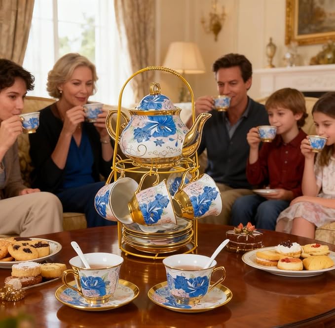 CHANJOON Gold Plated Red Rose Ceramic Tea Set, Vintage Tea Sets with Teapot, Beautiful Tea Set Coffee Serving 6 People (Blue Rose, large) - Bloomnest