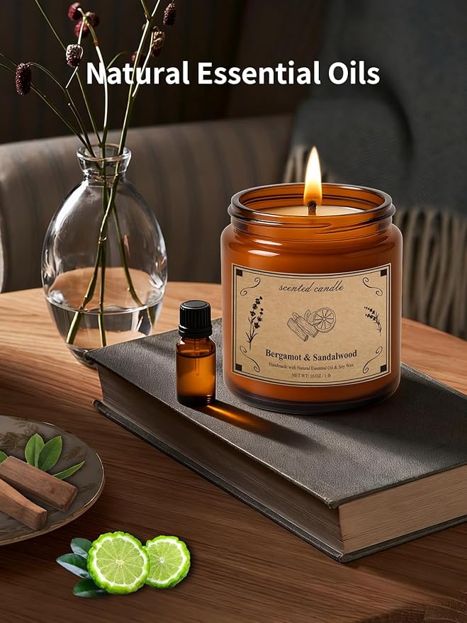 Scented Candles, 16oz Large Jar Soy Wax Candle – Bergamot & Sandalwood with Premium Plant Wax Blend for Consistent Burn, Aromatherapy Candle for Home Scented, Relaxation and Gift for Women/Men - Bloomnest