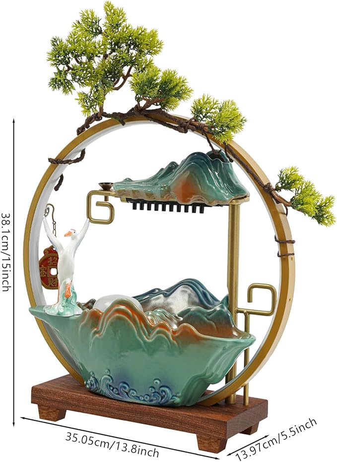 Tabletop Water Fountains, Indoor Water Fall with LED Light Zen Decor for Meditation with Mist, Japanese Decor with Fake Plants Feng Shui Decor for Good Luck Wealth - Bloomnest