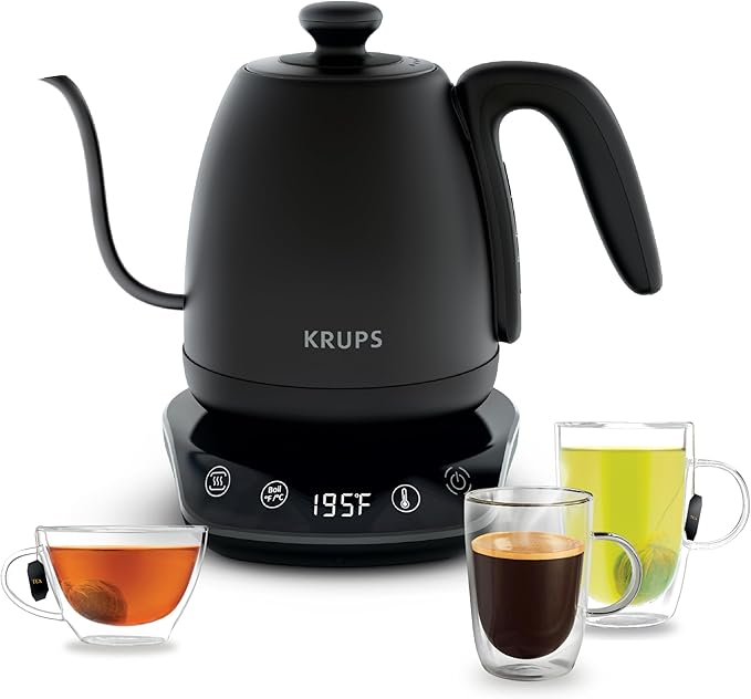 KRUPS Gooseneck Electric Kettle: 1L Stainless Steel, 1350W Fast Boiling, Boils 1 Cup in 80 Seconds, Temperature Control with 8 Presets, 60-Min Keep Warm, Precision Pour for Coffee and Tea - Bloomnest