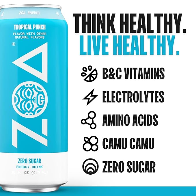 ZOA Zero Sugar Energy Drinks, Tropical Punch - Sugar Free with Electrolytes, Healthy Vitamin C, Amino Acids, Essential B-Vitamins, and Caffeine from Green Tea - 16 Fl Oz (12-Pack) - Bloomnest