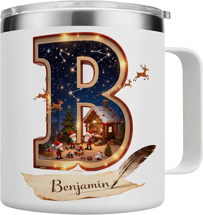 Personalized Christmas Mug | Custom Storybook Initial Insulated Coffee Cup with Handle & Lid | 12oz Magical Holiday Tumbler, Unique Gift for Readers & Kids (B18) - Bloomnest