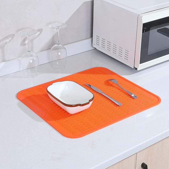 Silicone Dish Drying Mat for Multiple Usage,Easy clean,Eco-friendly,Heat-resistant Silicone Mat for Kitchen Counter or Sink,Refrigerator or Drawer Liner Orange 2XL 24 inches x 18 inches - Bloomnest