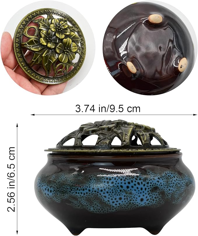 MrMrKura Ceramic Incense Burner with Lid, Incense Holder for Sticks Incense Cone Holder with Brass Incense Stick Holder for Yoga Meditation Home Decor (Fambe Blue) - Bloomnest